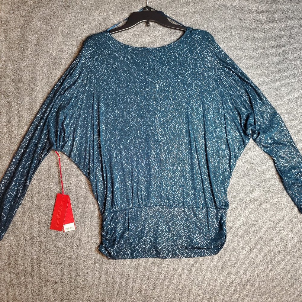 NWT Jennifer Lopez Long Sleeve V Neck Glitter Medium Blue Green Dolman Top A18
